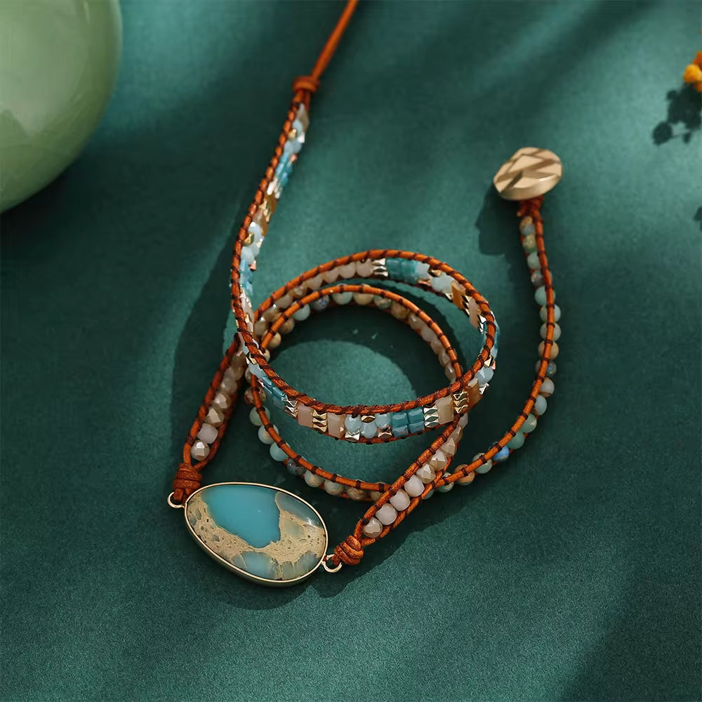 Teardrop Shape Agalmatolite Bracelet Natural Stone Crystal Beaded Chain Leather Wrap Bracelets Handmade Jewelry for Women Ladies