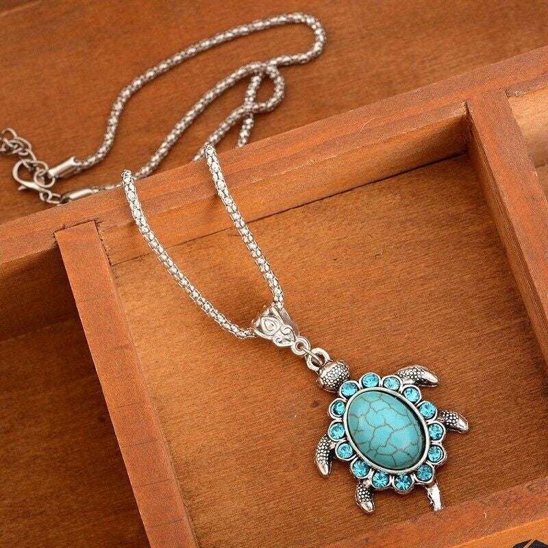 Boho 925 Sterling Silver Sea Turtle Charms Vintage Turquoise Pendant Necklace