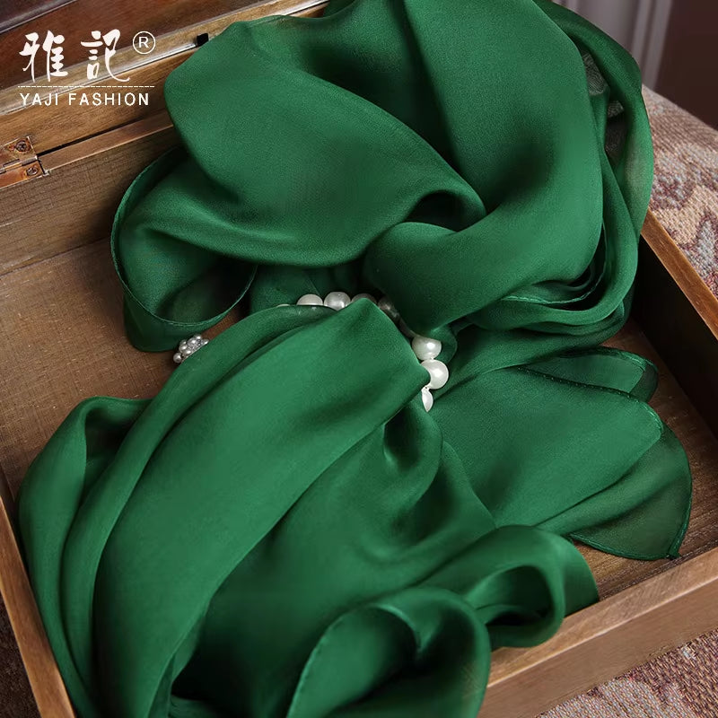 100% Real Silk Scarf Women Natural Silk Chiffon Scarf Dark Green Foulard Femme Lady Silk Shawls Wraps for Ladies Solid