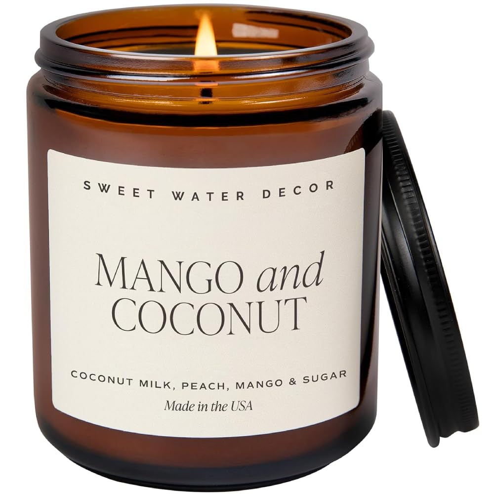 Mango and Coconut Soy Candle - Pineapple, Orange and Mango Candle for Home - 9Oz Amber Jar + Black Lid, 40+ Hour Burn Time, Made in the USA - Summer Scented Candles