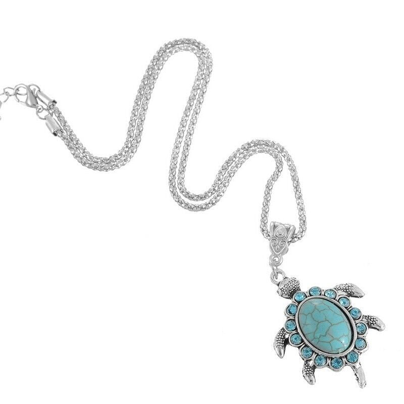 Boho 925 Sterling Silver Sea Turtle Charms Vintage Turquoise Pendant Necklace