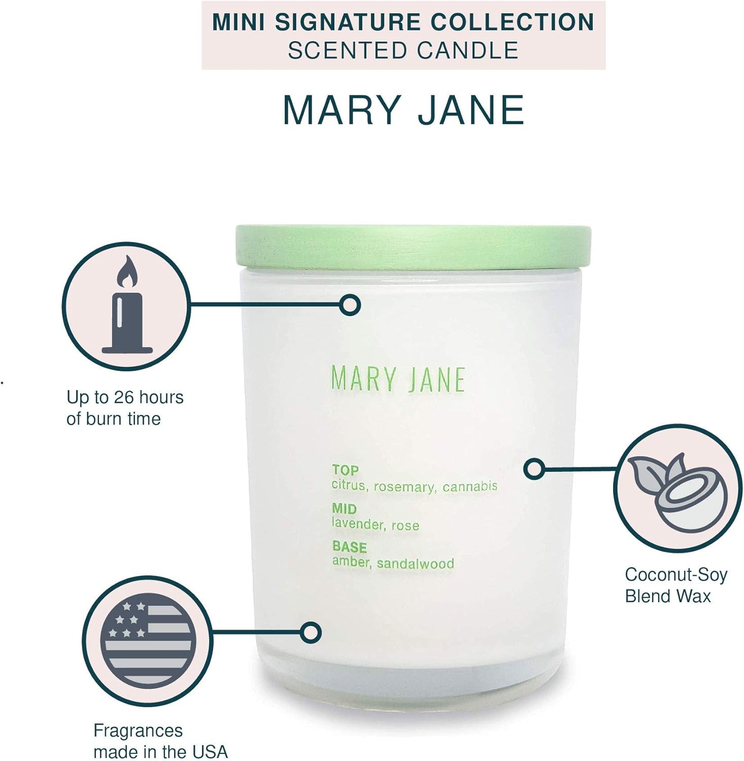 Mini Scented Candle by  - Mary Jane - 3.5-Ounce Coconut-Soy Blend Wax Scented Jar Candle for Home & Office or Travel - Burns up to 26 Hours