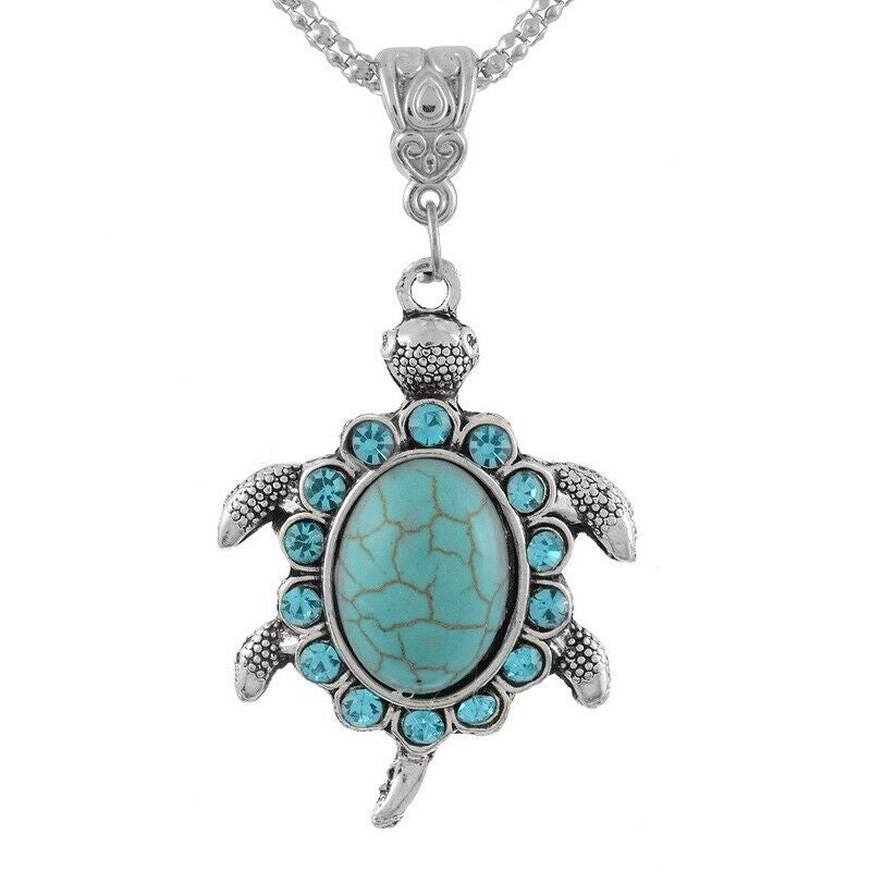 Boho 925 Sterling Silver Sea Turtle Charms Vintage Turquoise Pendant Necklace