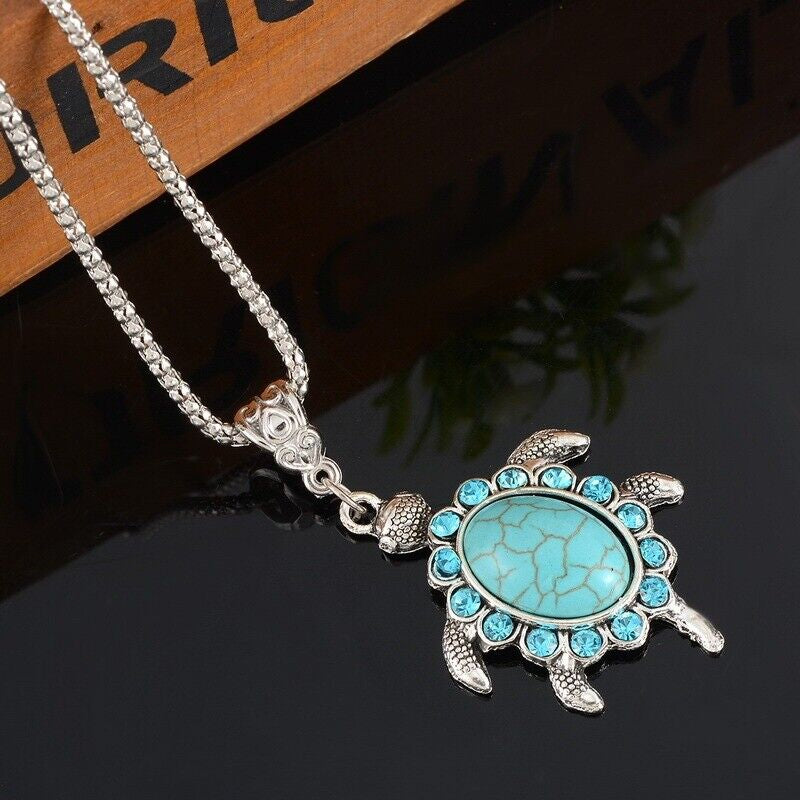 Boho 925 Sterling Silver Sea Turtle Charms Vintage Turquoise Pendant Necklace