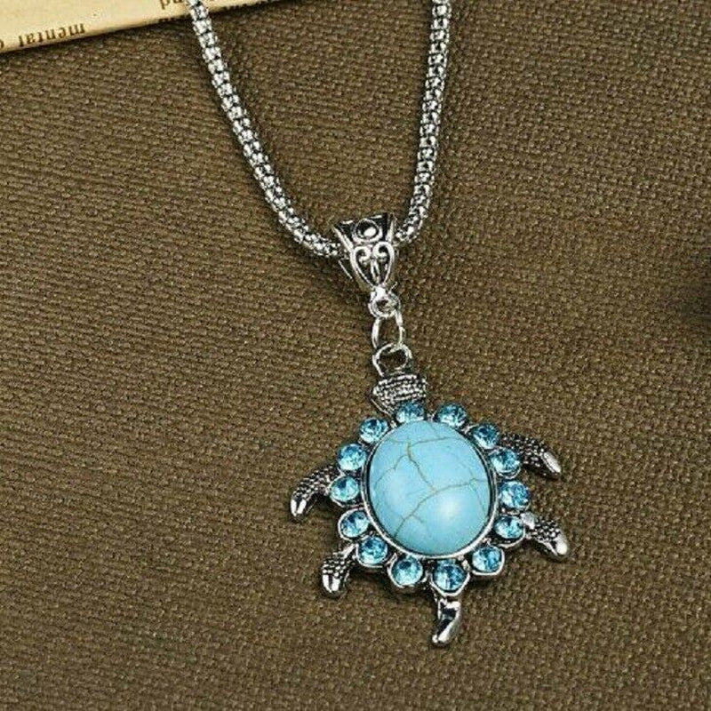 Boho 925 Sterling Silver Sea Turtle Charms Vintage Turquoise Pendant Necklace