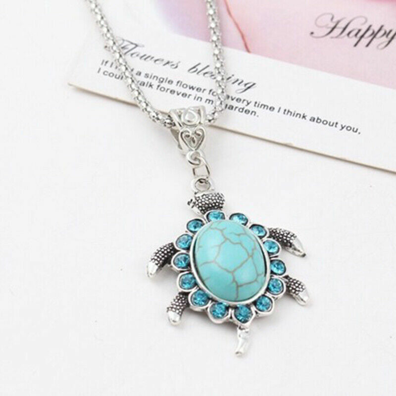 Boho 925 Sterling Silver Sea Turtle Charms Vintage Turquoise Pendant Necklace