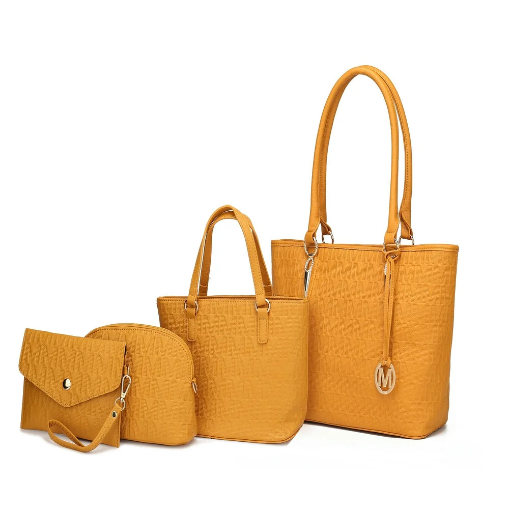 MKF Collection Vegan Leather Women's Tote Bag, Small Tote Handbag, Pouch Purse & Wristlet Wallet Bag 4 pcs set by Mia K - Mustard