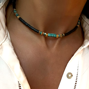 One-Piece Bohemian Handmade Jewelry Natural Pine Stone Black Soft Pottery Gold Bead Choker Necklace For Woman Fashion Elegant