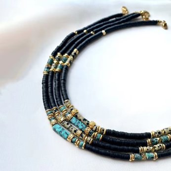 One-Piece Bohemian Handmade Jewelry Natural Pine Stone Black Soft Pottery Gold Bead Choker Necklace For Woman Fashion Elegant