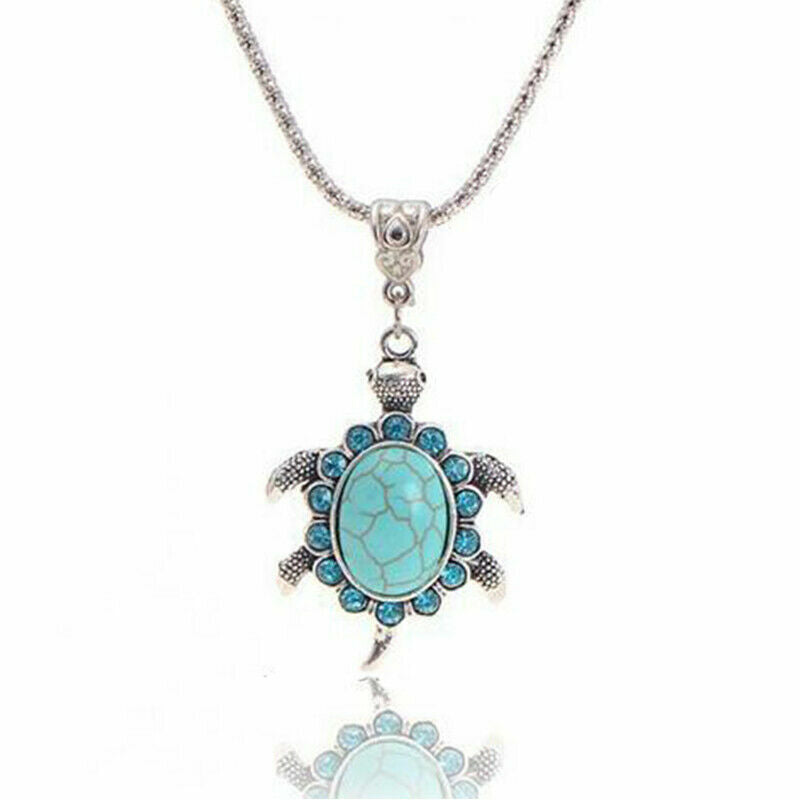 Boho 925 Sterling Silver Sea Turtle Charms Vintage Turquoise Pendant Necklace