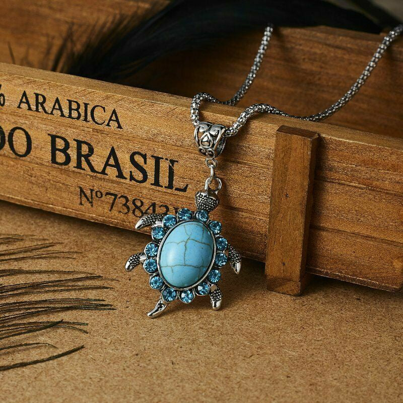 Boho 925 Sterling Silver Sea Turtle Charms Vintage Turquoise Pendant Necklace